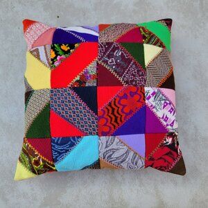 Vintage Crazy Patchwork Throw Pillow 14x14 Polyester Handmade Quilted Embroidery